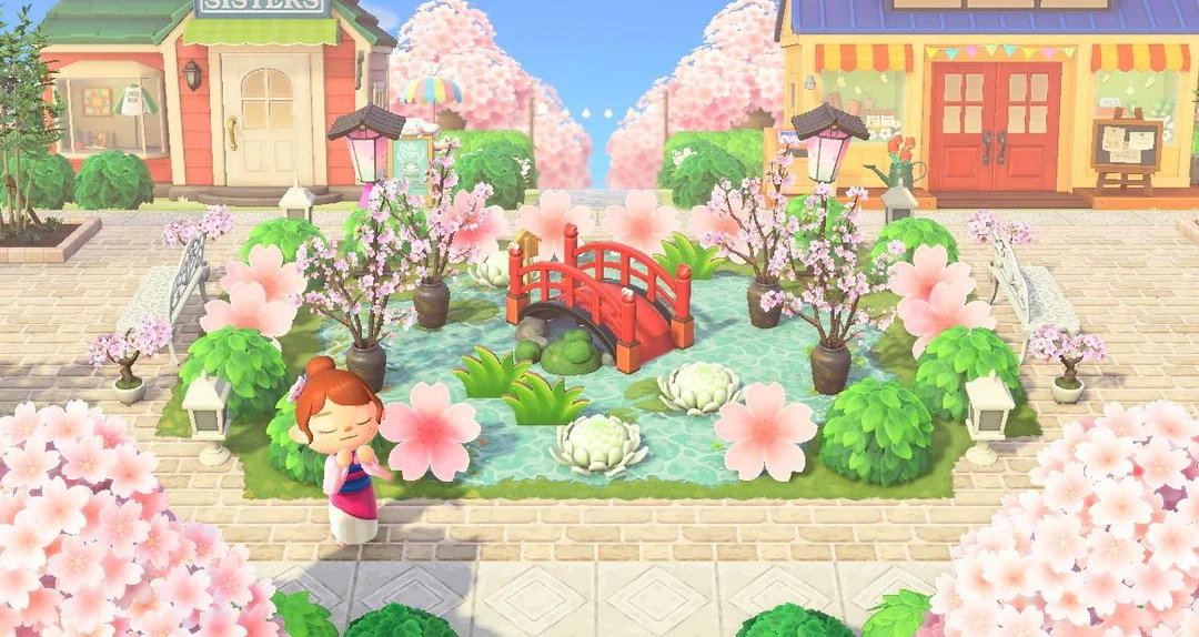 Fotografia de uma praça com estilo oriental no jogo Animal Crossing: New Horizons.