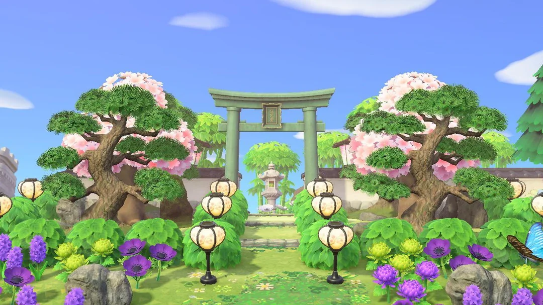 Fotografia da entrada de um templo oriental no jogo Animal Crossing: New Horizons.